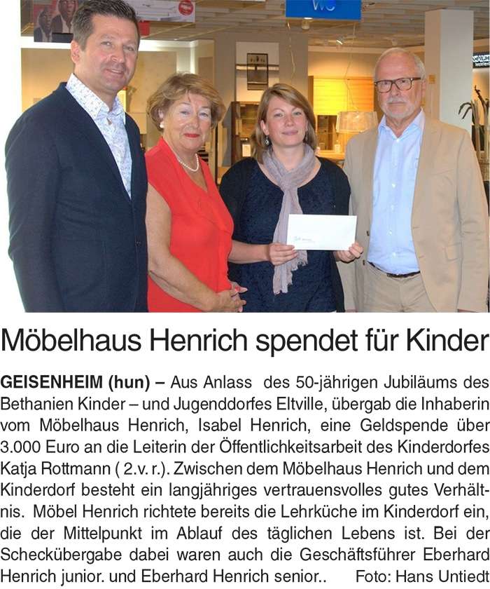 Zeitungsartikel Möbelhaus Henrich spendet für Kinder
